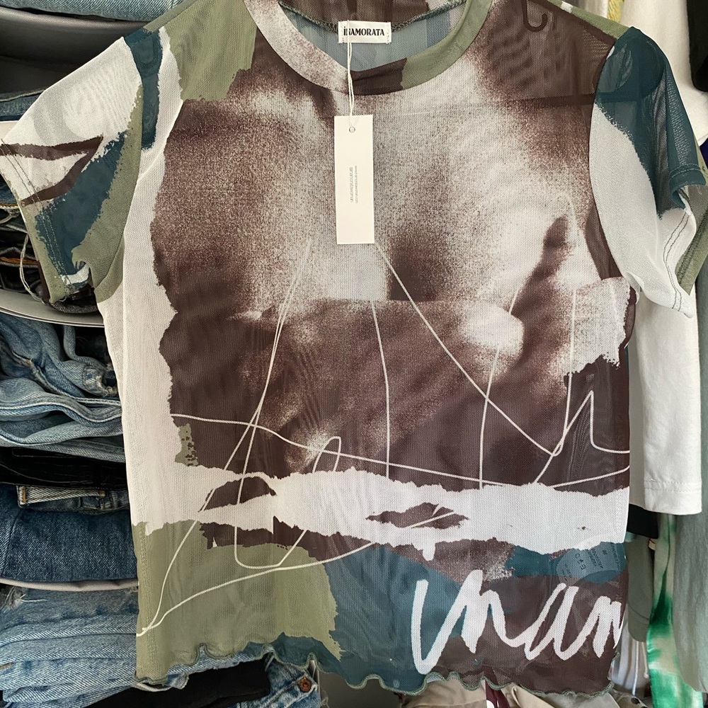 iNAMORATA Brown, Olive & Teal Mesh Crop Top